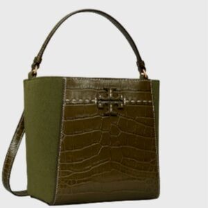 TORY BURCH McGraw Small Bucket Bag Hobo Shoulder Bag New Olive Embossed Leather